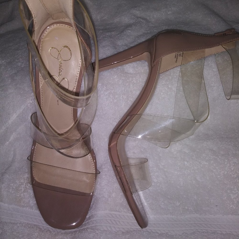 NWOT but WB Macy's Jessica Simpson tan heels clear straps. Sexy!
